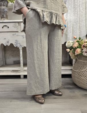 THING THING pellavahousut 7230 Natural leveät lahkeet joustava vyötärö sivutaskut