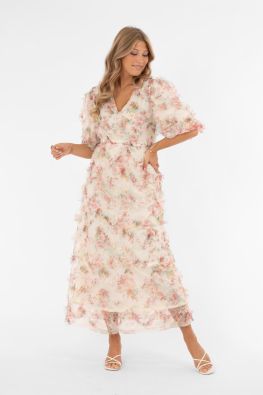 Capri Collection mekko Alvah Roosa romanttinen kukkakuosi kaikkiin tilaisuuksiin