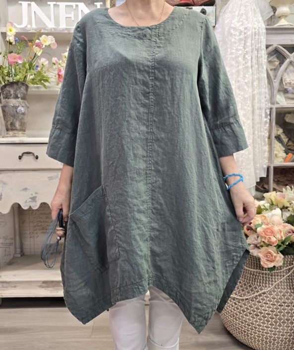 Grizas pellavatunika 5134 (624) Sinivihreä uniikki epätasainen helma todella pehmeä tuotekuva 6