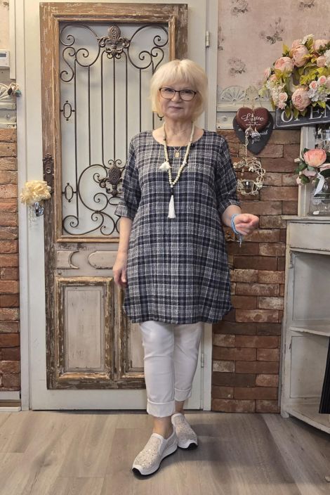 THING tunika 7194 Navy tummansininen tyylikäs ruutukuosi ihanassa sekoituksessa luonnonkuituja tuotekuva 1