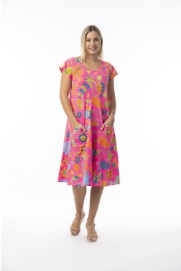 Orientique mekko 10083 Miraflores pinkillä pohjalla ihana kukkakuosi