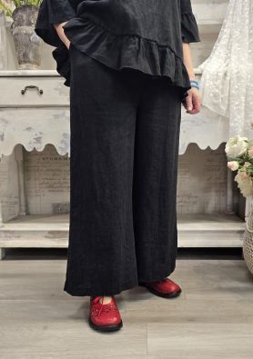 THING pellavahousut 7230 Musta leveät lahkeet joustava vyötärö sivutaskut