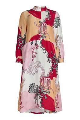 NOEN mekko 88623 Punainen tilava malli abstraktilla kuosilla