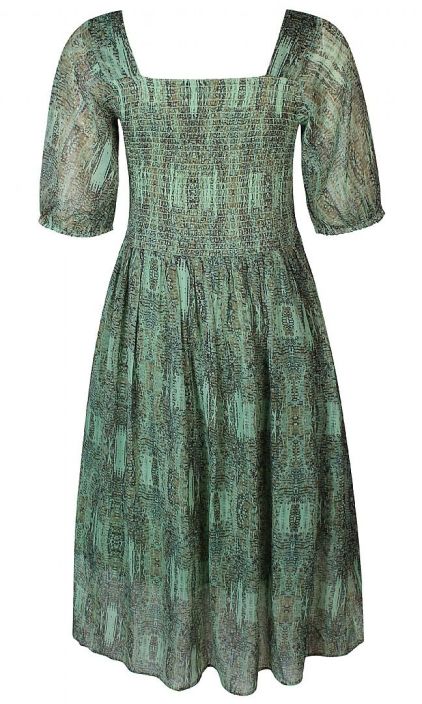 Ze-Ze mekko Faya 200166 Vihrea Lempeilla vareilla koristeltu kuosi yhdessa naisellisten yksityiskohtien kanssa tekevat tasta