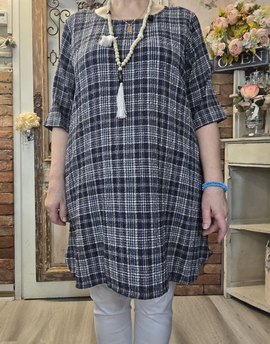 THING tunika 7194 Navy tummansininen tyylikäs ruutukuosi ihanassa sekoituksessa luonnonkuituja tuotekuva 3