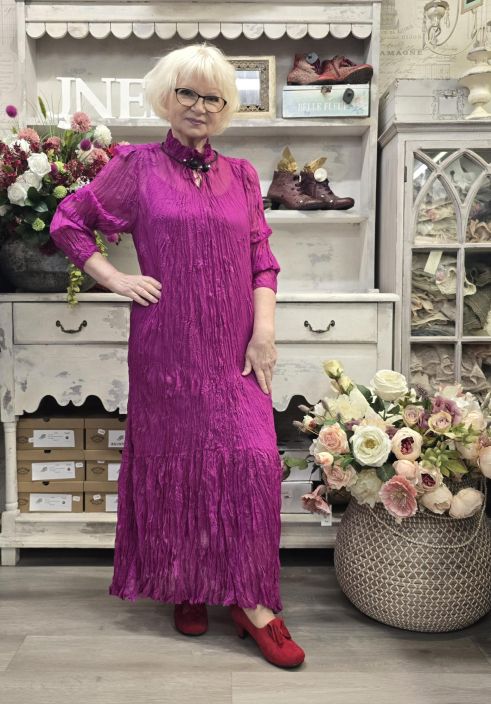 NOEN mekko 88645 Fuksia rypytetty kangas kukilla tuotekuva 2