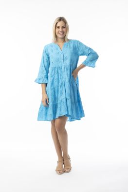 Orientique brodeerattu mekko 40239 Turkoosi kaunis frilla helma