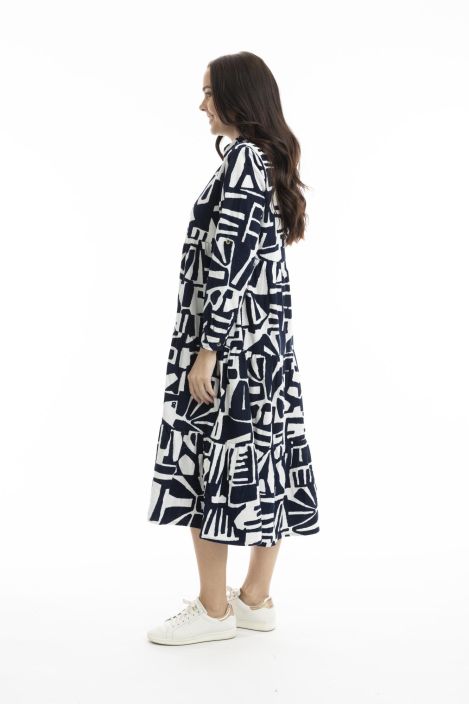 Orientique Mekko 20072 Navy malliston klassikko vakosamettimekko kauluksella ja kuosilla tuotekuva 1