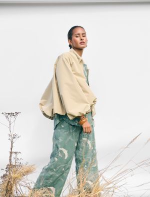 NOEN housut 81442 Kaunis vihreä päälle ommeltu kuosi kiiltävästä langasta