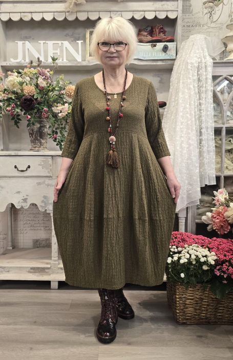 THING mekko 7076 Ochre kaunis vihreä hennolla ruutukuosilla - kankaassa tekstuuri tuotekuva 2