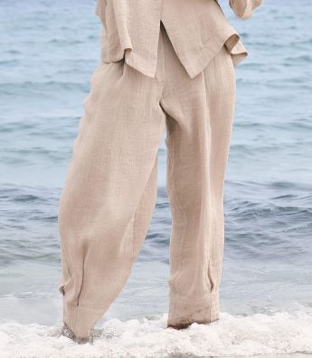 NOEN pellavahousut 81417 Hiekka beige kauniit leveät lahkeet ja joustava vyötärö