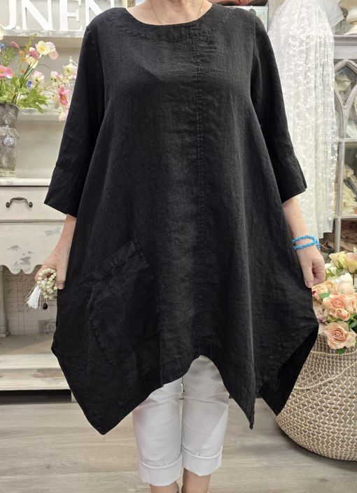 Grizas pellavatunika 5134 Musta uniikki epätasainen helma todella pehmeä tuotekuva 6